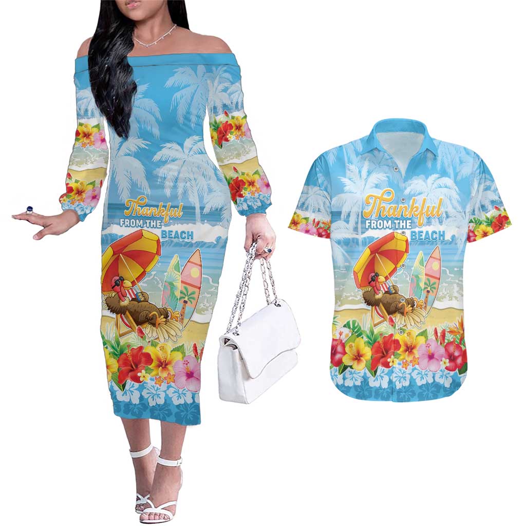 Personalised Hawaii Funny Thanksgiving Couples Matching Off The Shoulder Long Sleeve Dress and Hawaiian Shirt Thankful From The Beach