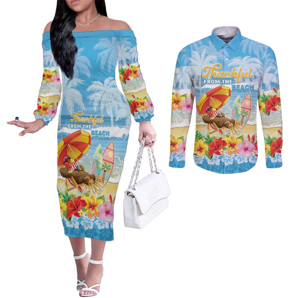Personalised Hawaii Funny Thanksgiving Couples Matching Off The Shoulder Long Sleeve Dress and Long Sleeve Button Shirt Thankful From The Beach LT05 Blue - Polynesian Pride