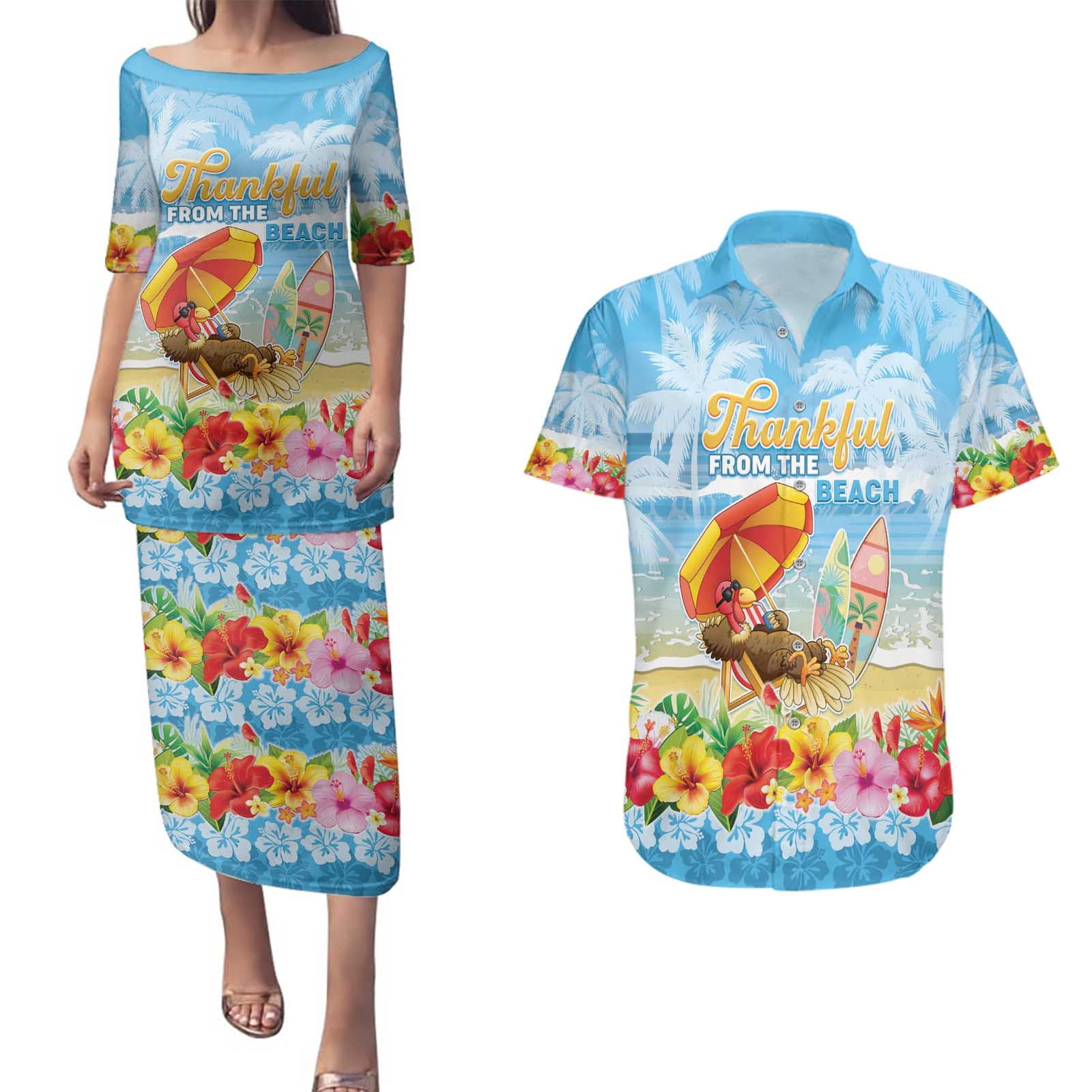 Personalised Hawaii Funny Thanksgiving Couples Matching Puletasi and Hawaiian Shirt Thankful From The Beach LT05 Blue - Polynesian Pride