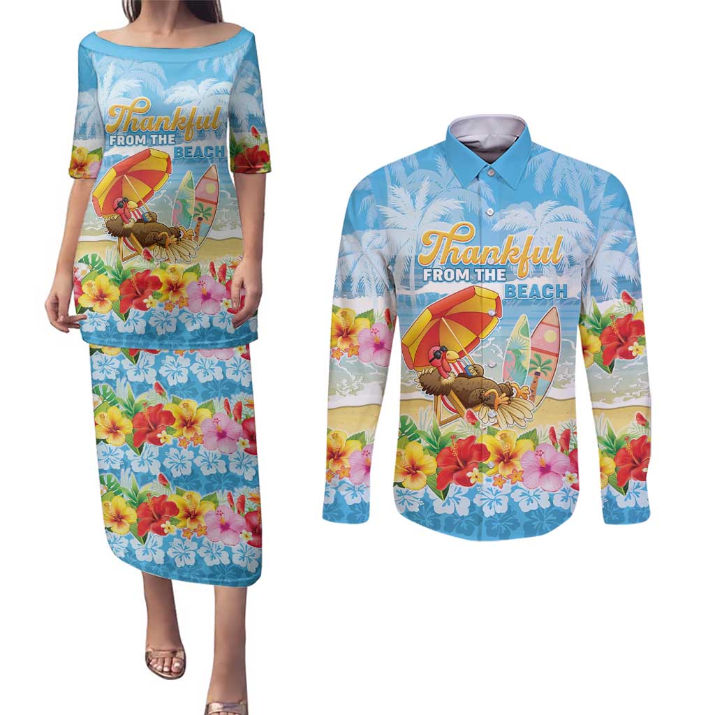 Personalised Hawaii Funny Thanksgiving Couples Matching Puletasi and Long Sleeve Button Shirt Thankful From The Beach LT05 Blue - Polynesian Pride