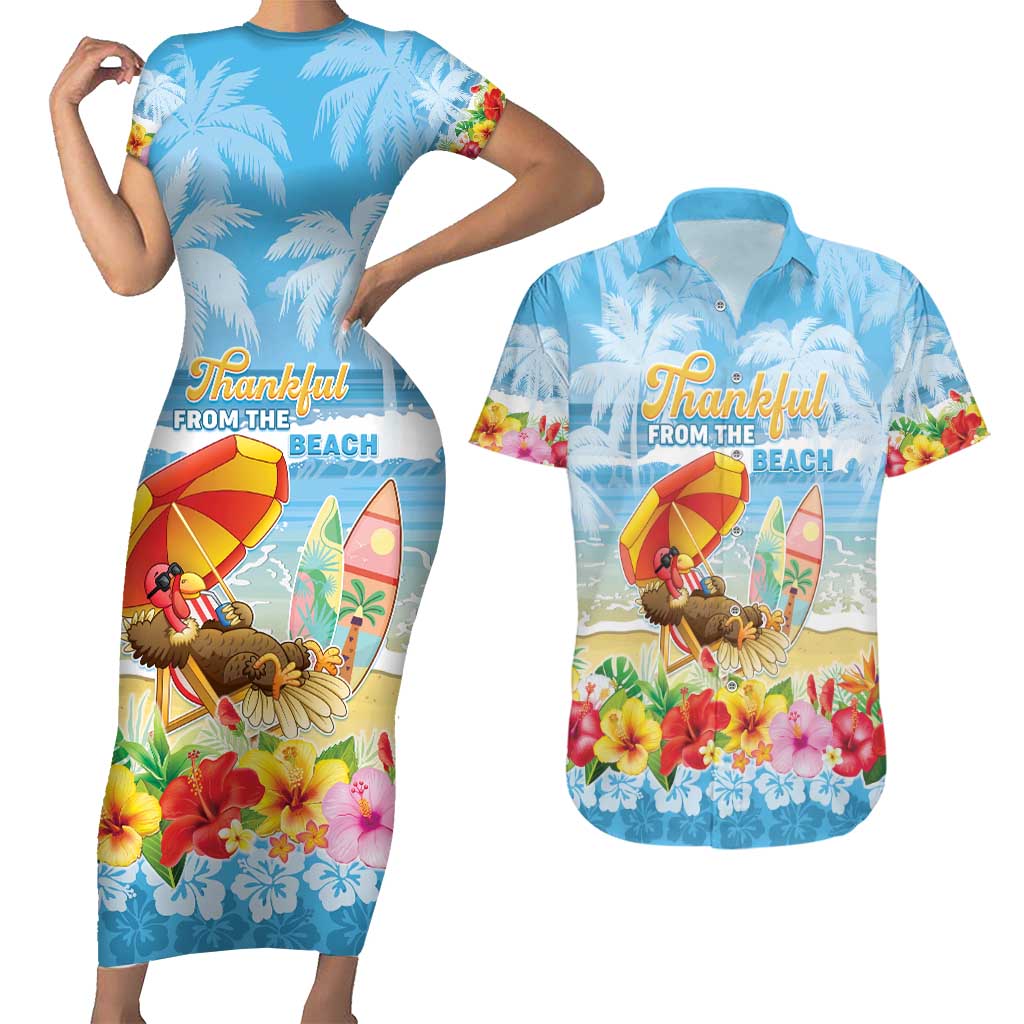 Personalised Hawaii Funny Thanksgiving Couples Matching Short Sleeve Bodycon Dress and Hawaiian Shirt Thankful From The Beach LT05 Blue - Polynesian Pride
