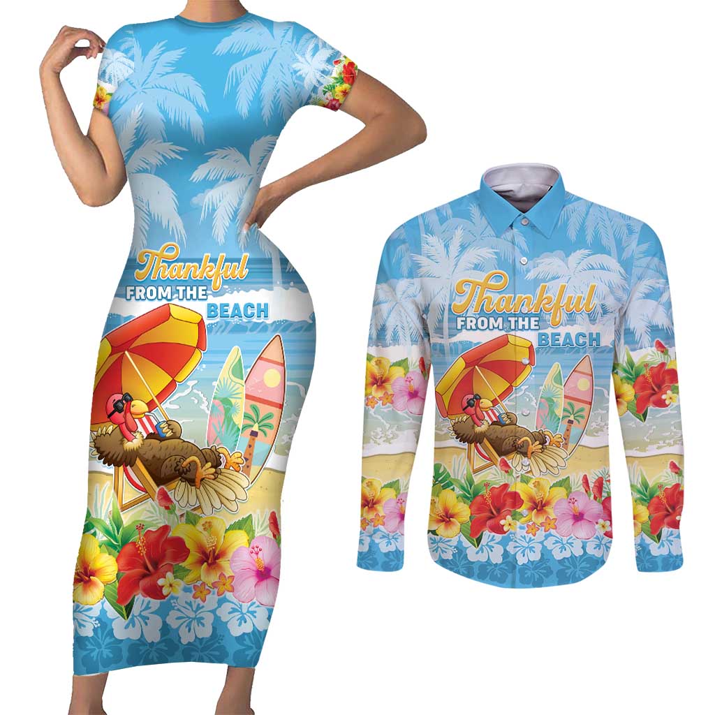Personalised Hawaii Funny Thanksgiving Couples Matching Short Sleeve Bodycon Dress and Long Sleeve Button Shirt Thankful From The Beach LT05 Blue - Polynesian Pride