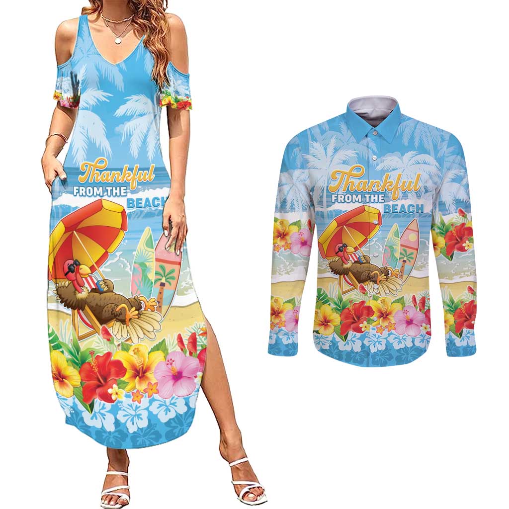 Personalised Hawaii Funny Thanksgiving Couples Matching Summer Maxi Dress and Long Sleeve Button Shirt Thankful From The Beach LT05 Blue - Polynesian Pride