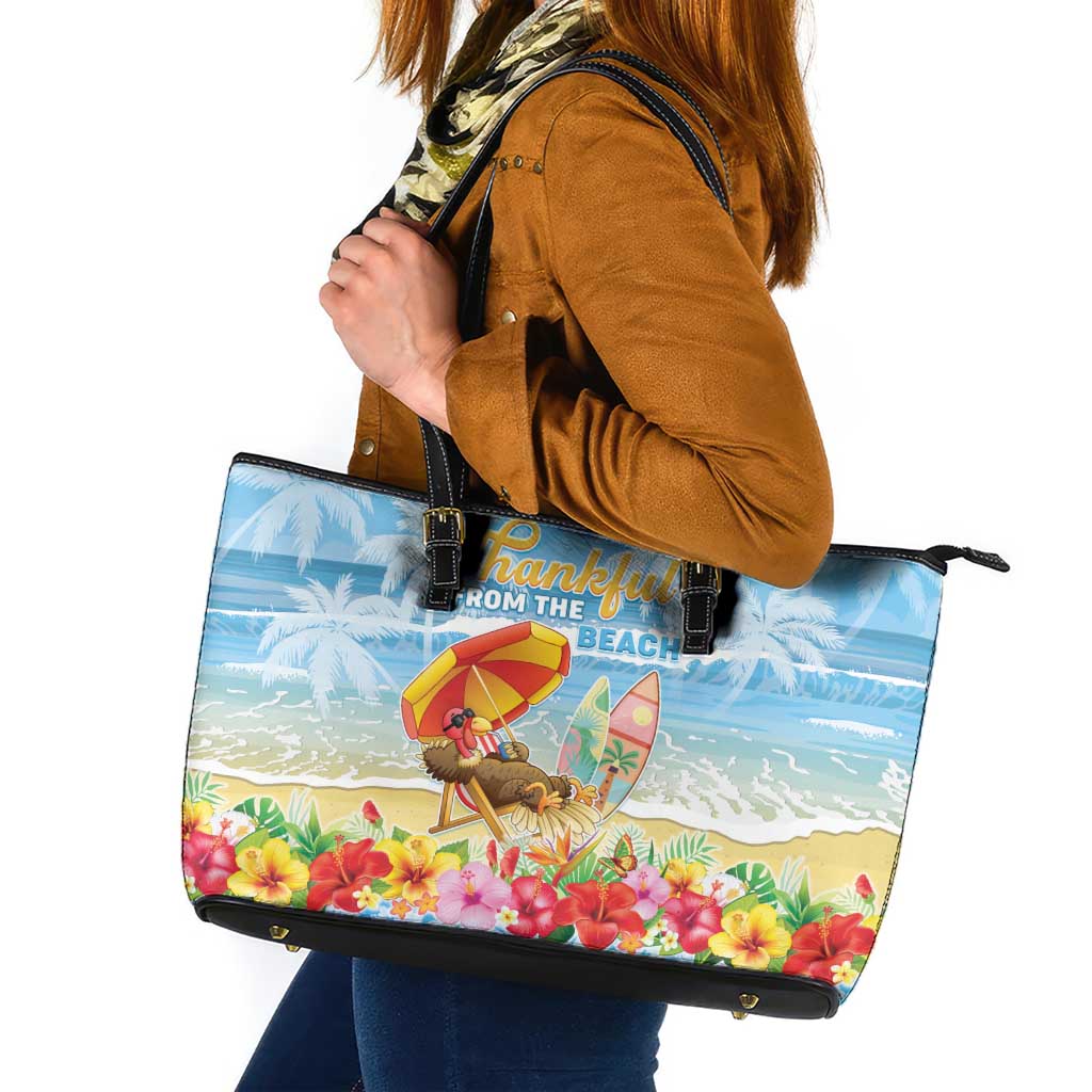 Hawaii Funny Thanksgiving Leather Tote Bag Thankful From The Beach LT05 Blue - Polynesian Pride