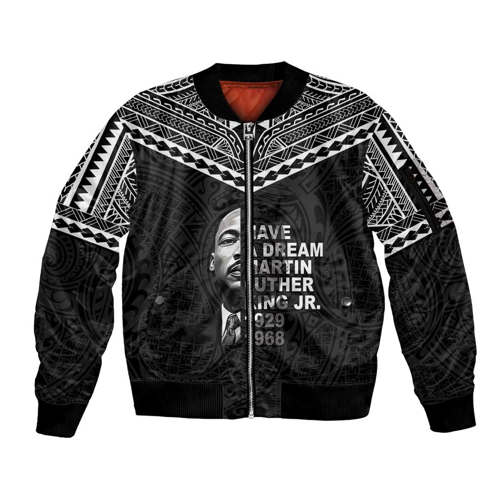 American Samoa MLK Day Sleeve Zip Bomber Jacket Polynesian Style LT05 Unisex Black - Polynesian Pride
