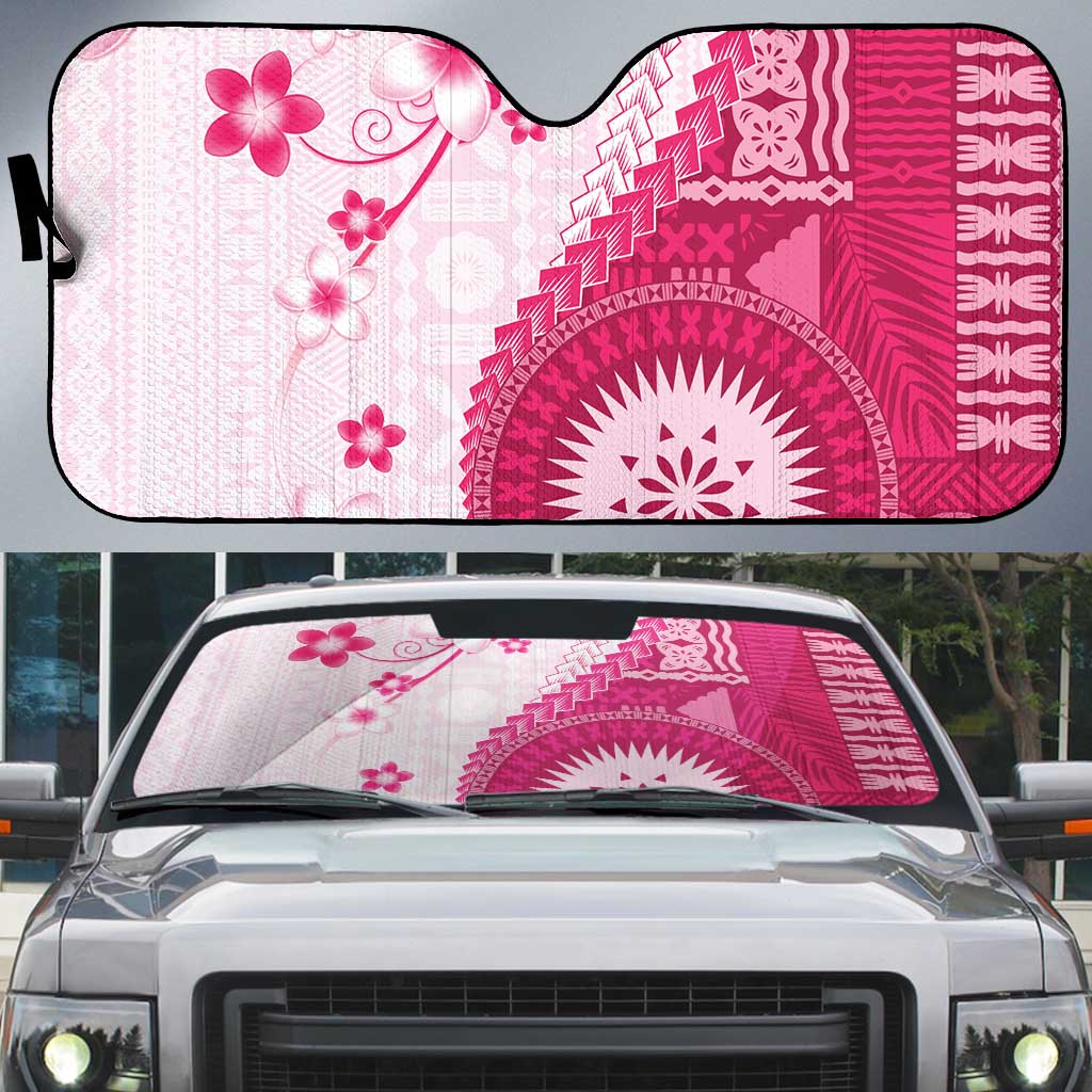 Bula Fiji Auto Sun Shade Pink Plumeria Masi Tapa Pattern - Polynesian Pride