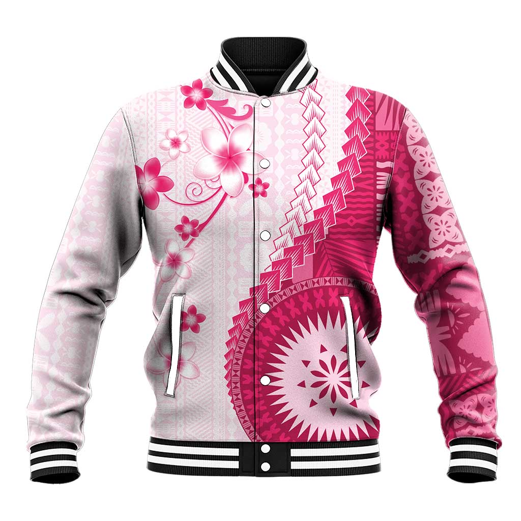 Bula Fiji Baseball Jacket Pink Plumeria Masi Tapa Pattern LT05 Unisex Pink - Polynesian Pride