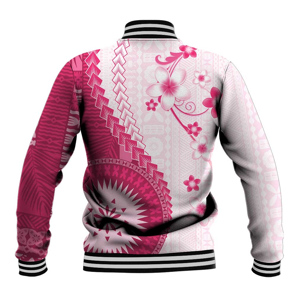 Bula Fiji Baseball Jacket Pink Plumeria Masi Tapa Pattern LT05 - Polynesian Pride
