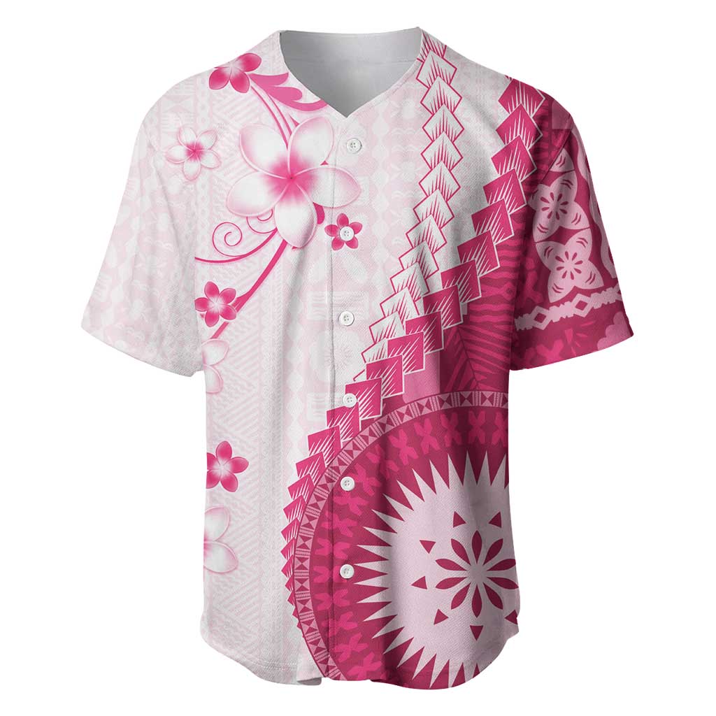 Bula Fiji Baseball Jersey Pink Plumeria Masi Tapa Pattern LT05 Pink - Polynesian Pride
