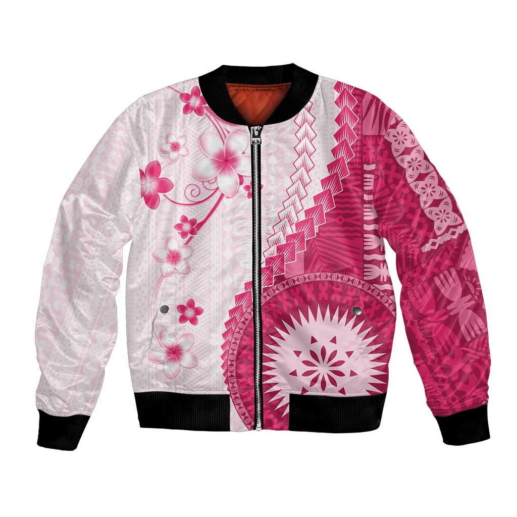 Bula Fiji Bomber Jacket Pink Plumeria Masi Tapa Pattern - Polynesian Pride