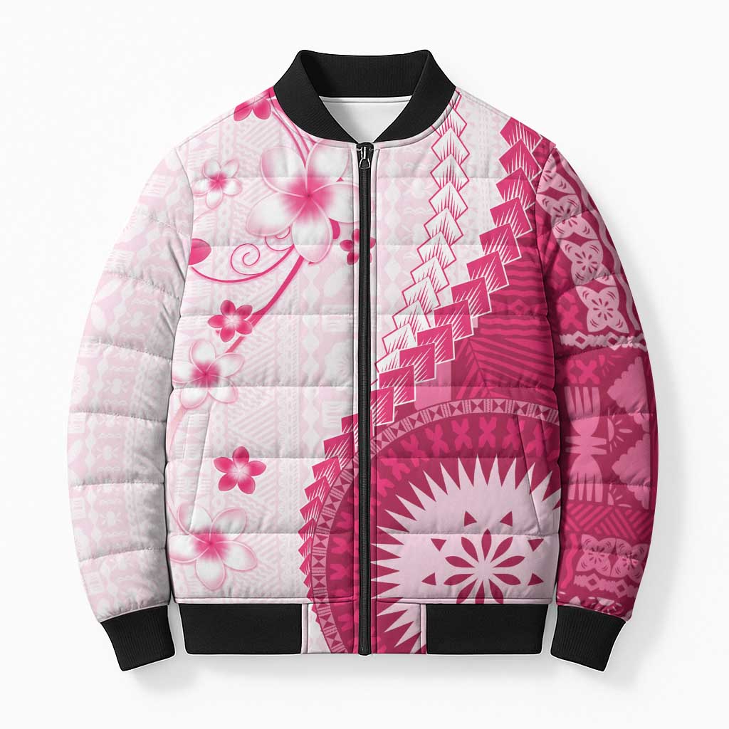 Bula Fiji Bomber Puffer Jacket Pink Plumeria Masi Tapa Pattern LT05 Unisex Pink - Polynesian Pride