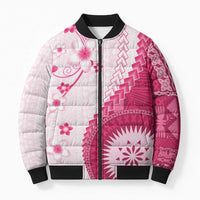 Bula Fiji Bomber Puffer Jacket Pink Plumeria Masi Tapa Pattern LT05 Unisex Pink - Polynesian Pride
