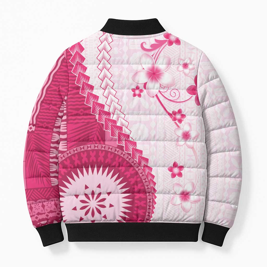 Bula Fiji Bomber Puffer Jacket Pink Plumeria Masi Tapa Pattern LT05 - Polynesian Pride