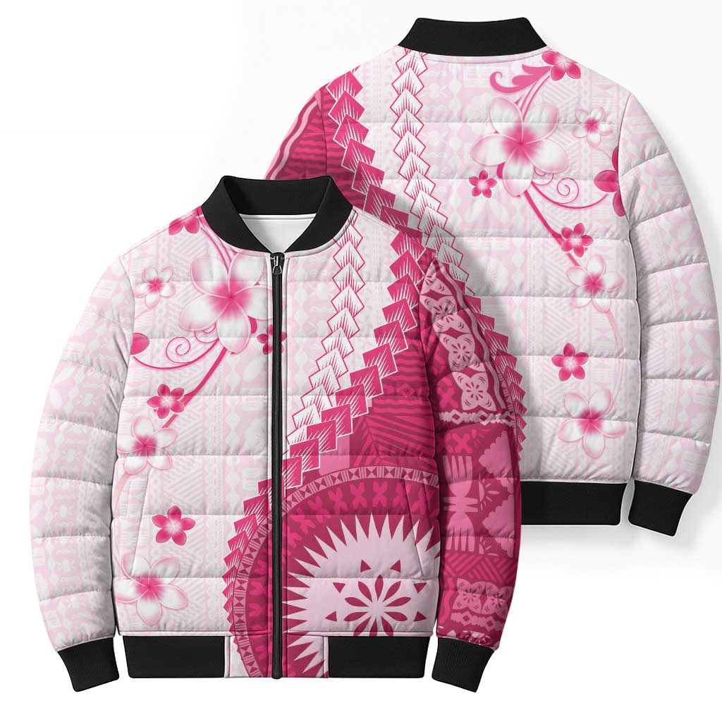 Bula Fiji Bomber Puffer Jacket Pink Plumeria Masi Tapa Pattern LT05 - Polynesian Pride