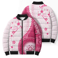 Bula Fiji Bomber Puffer Jacket Pink Plumeria Masi Tapa Pattern LT05 - Polynesian Pride