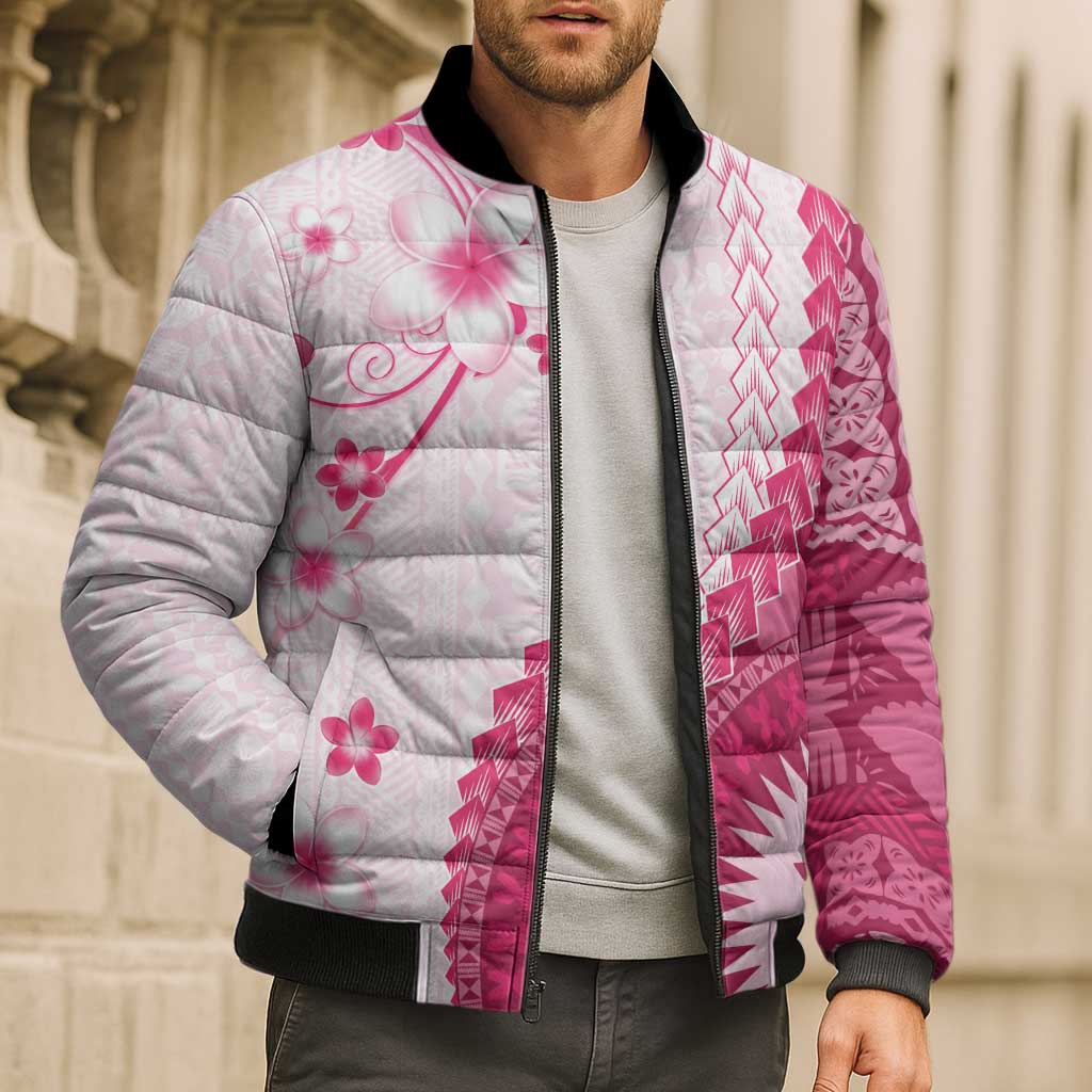 Bula Fiji Bomber Puffer Jacket Pink Plumeria Masi Tapa Pattern LT05 - Polynesian Pride