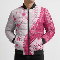 Bula Fiji Bomber Puffer Jacket Pink Plumeria Masi Tapa Pattern LT05 - Polynesian Pride