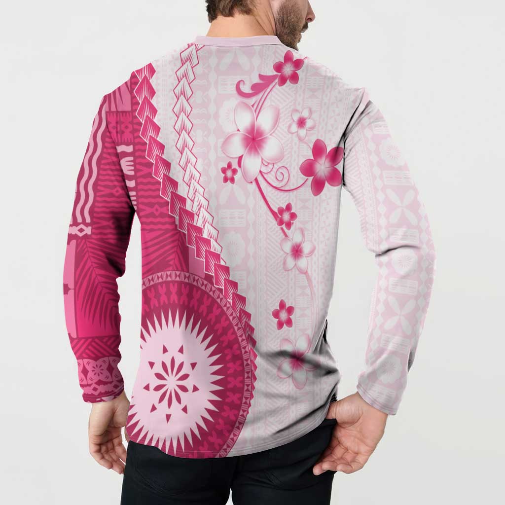 Bula Fiji Button Sweatshirt Pink Plumeria Masi Tapa Pattern - Polynesian Pride