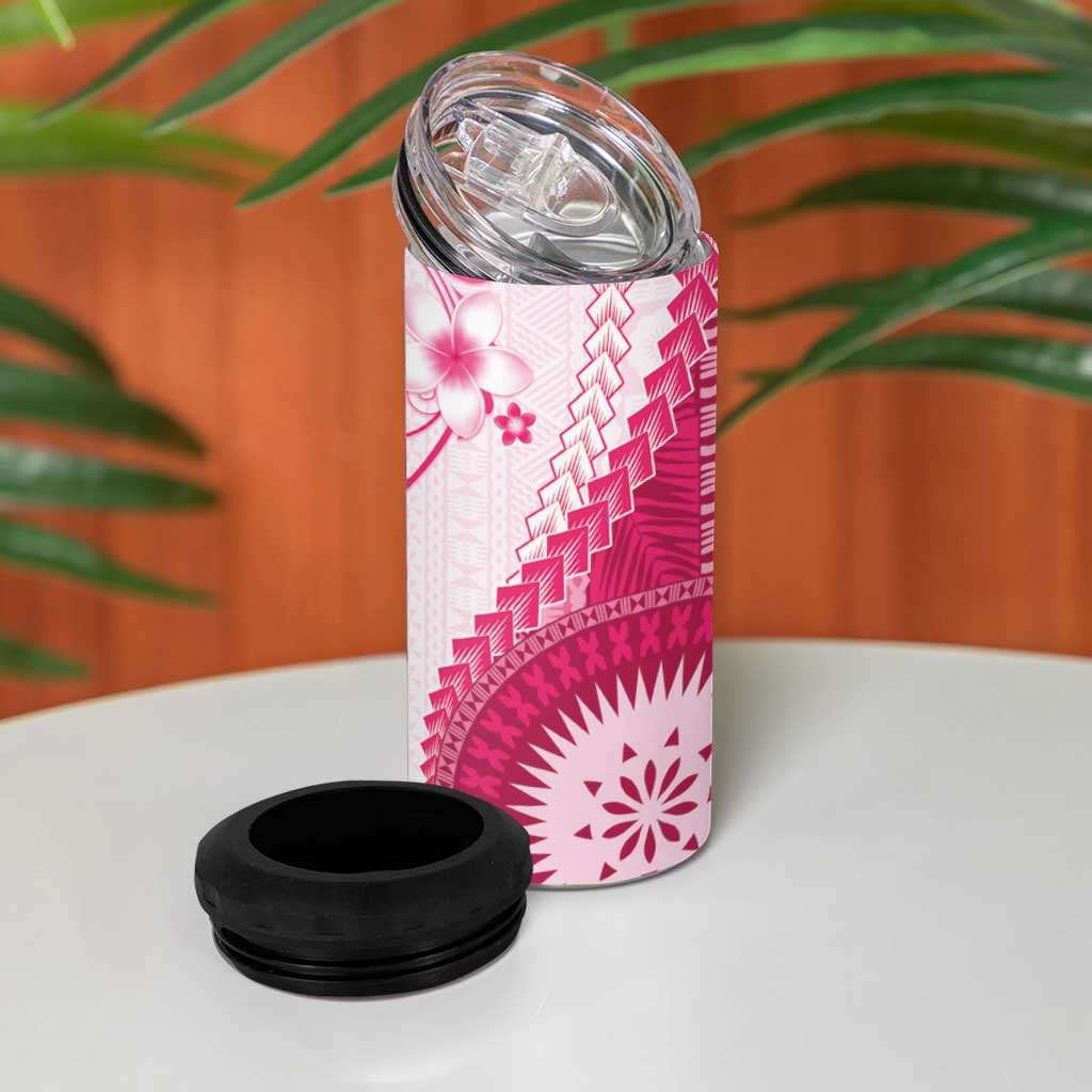 Bula Fiji 4 in 1 Can Cooler Tumbler Pink Plumeria Masi Tapa Pattern LT05 - Polynesian Pride