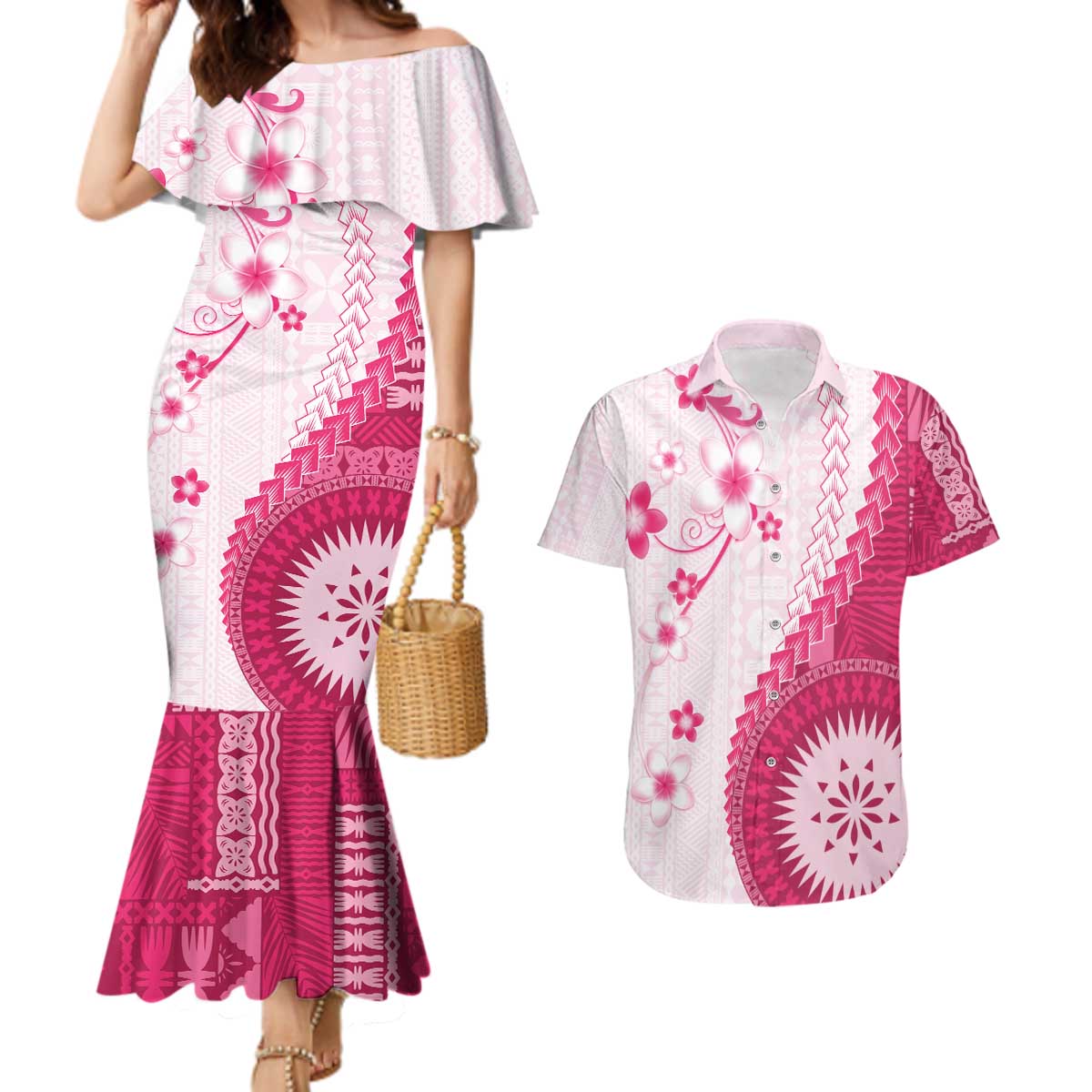 Bula Fiji Couples Matching Mermaid Dress and Hawaiian Shirt Pink Plumeria Masi Tapa Pattern - Polynesian Pride