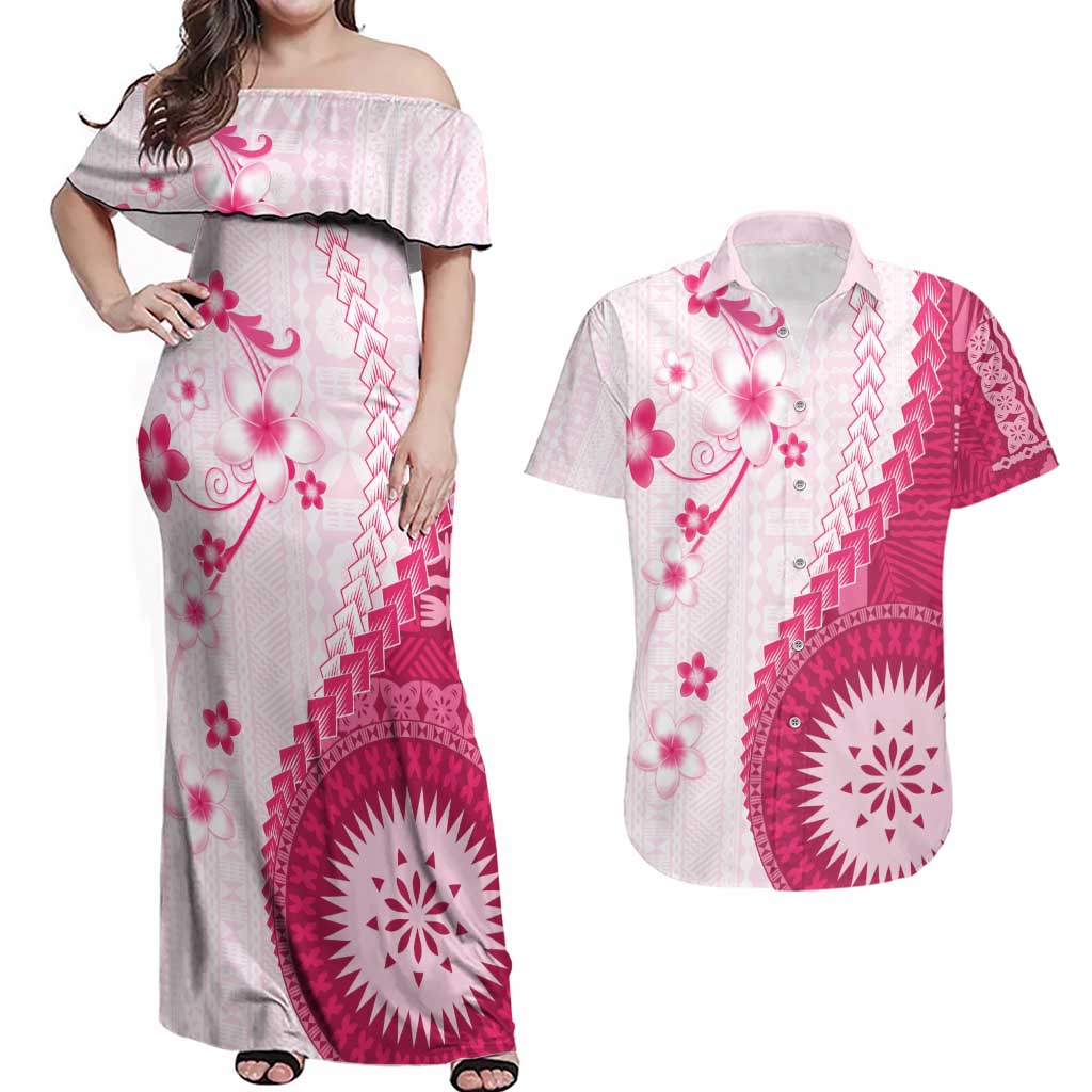 Bula Fiji Couples Matching Off Shoulder Maxi Dress and Hawaiian Shirt Pink Plumeria Masi Tapa Pattern - Polynesian Pride