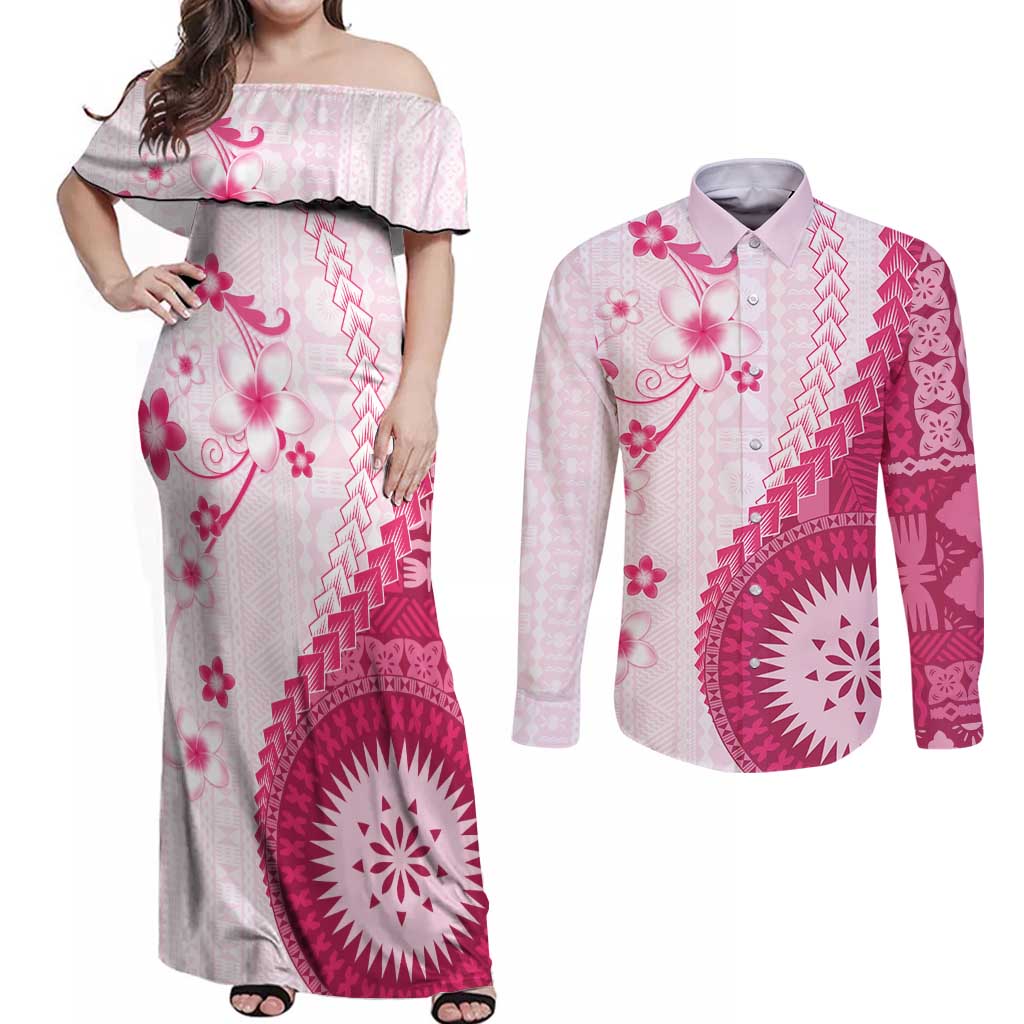 Bula Fiji Couples Matching Off Shoulder Maxi Dress and Long Sleeve Button Shirt Pink Plumeria Masi Tapa Pattern - Polynesian Pride