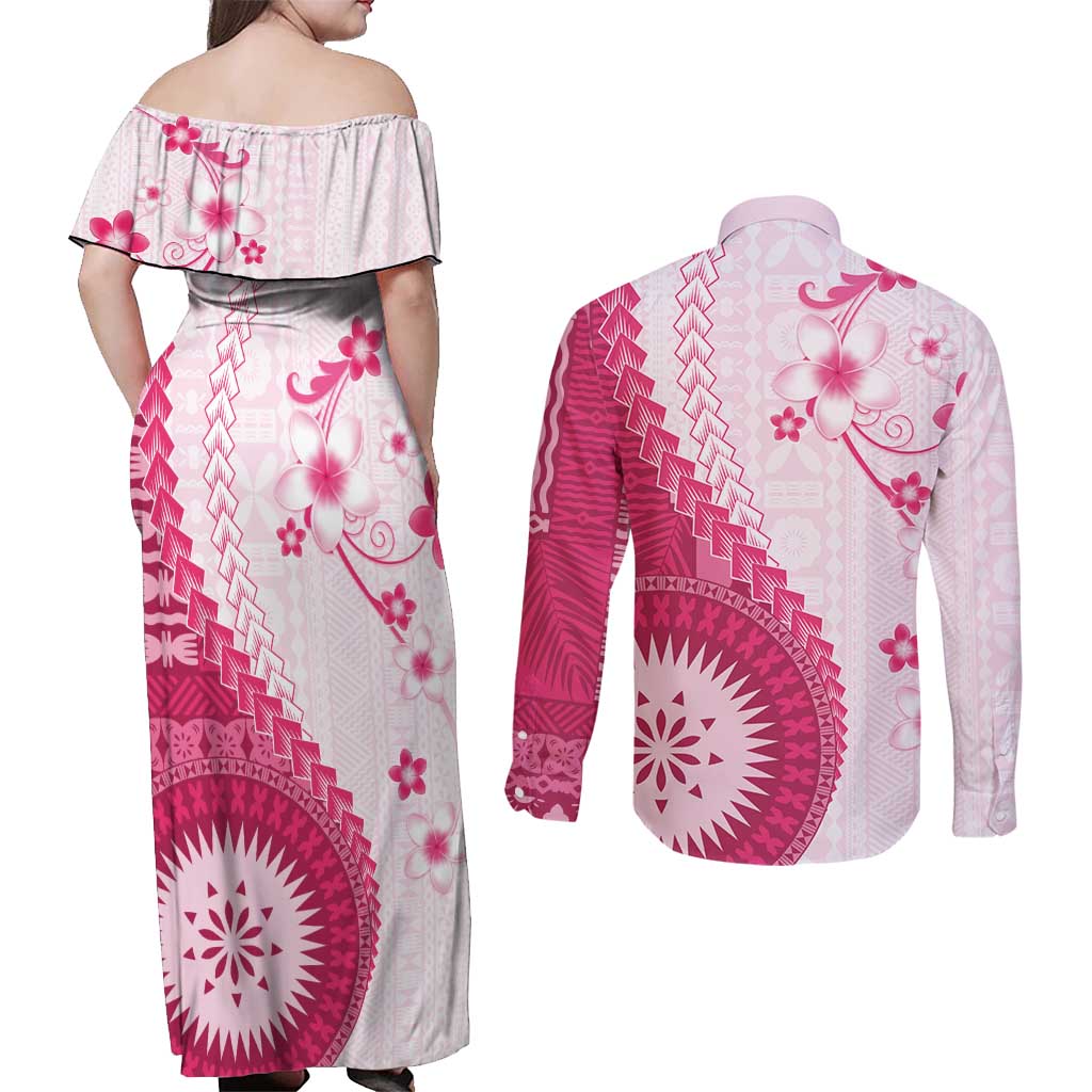 Bula Fiji Couples Matching Off Shoulder Maxi Dress and Long Sleeve Button Shirt Pink Plumeria Masi Tapa Pattern - Polynesian Pride