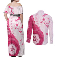 Bula Fiji Couples Matching Off Shoulder Maxi Dress and Long Sleeve Button Shirt Pink Plumeria Masi Tapa Pattern - Polynesian Pride