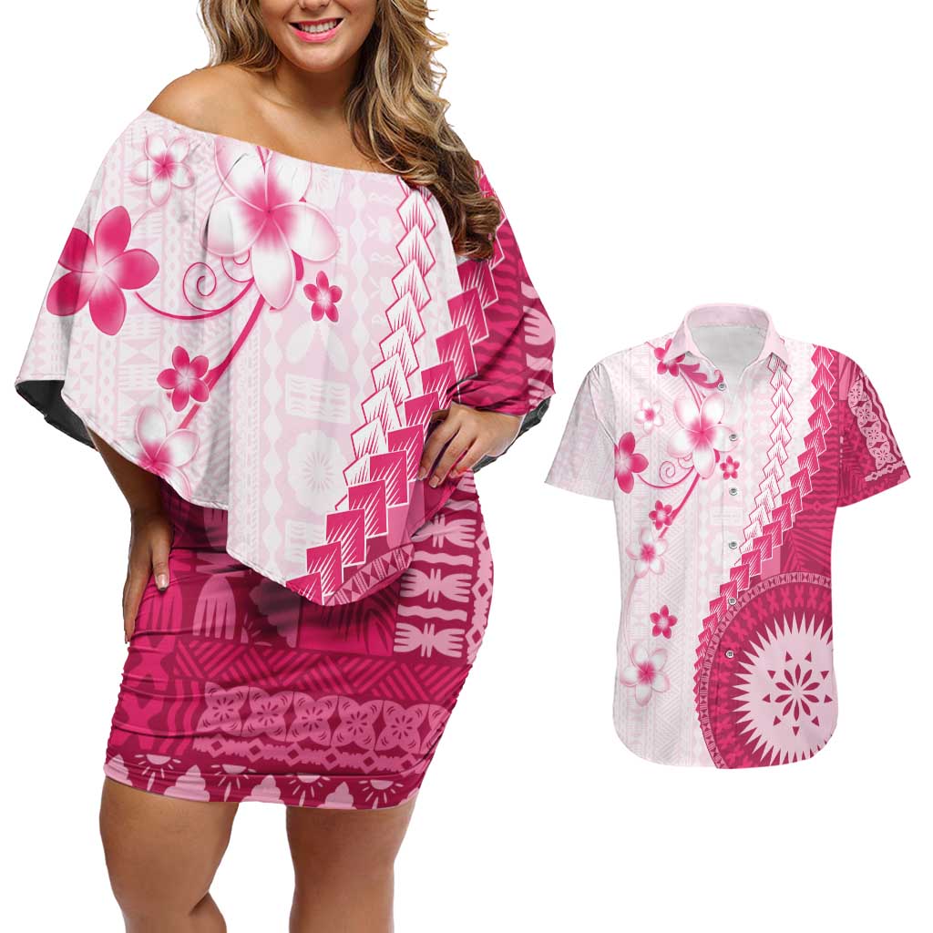 Bula Fiji Couples Matching Off Shoulder Short Dress and Hawaiian Shirt Pink Plumeria Masi Tapa Pattern - Polynesian Pride