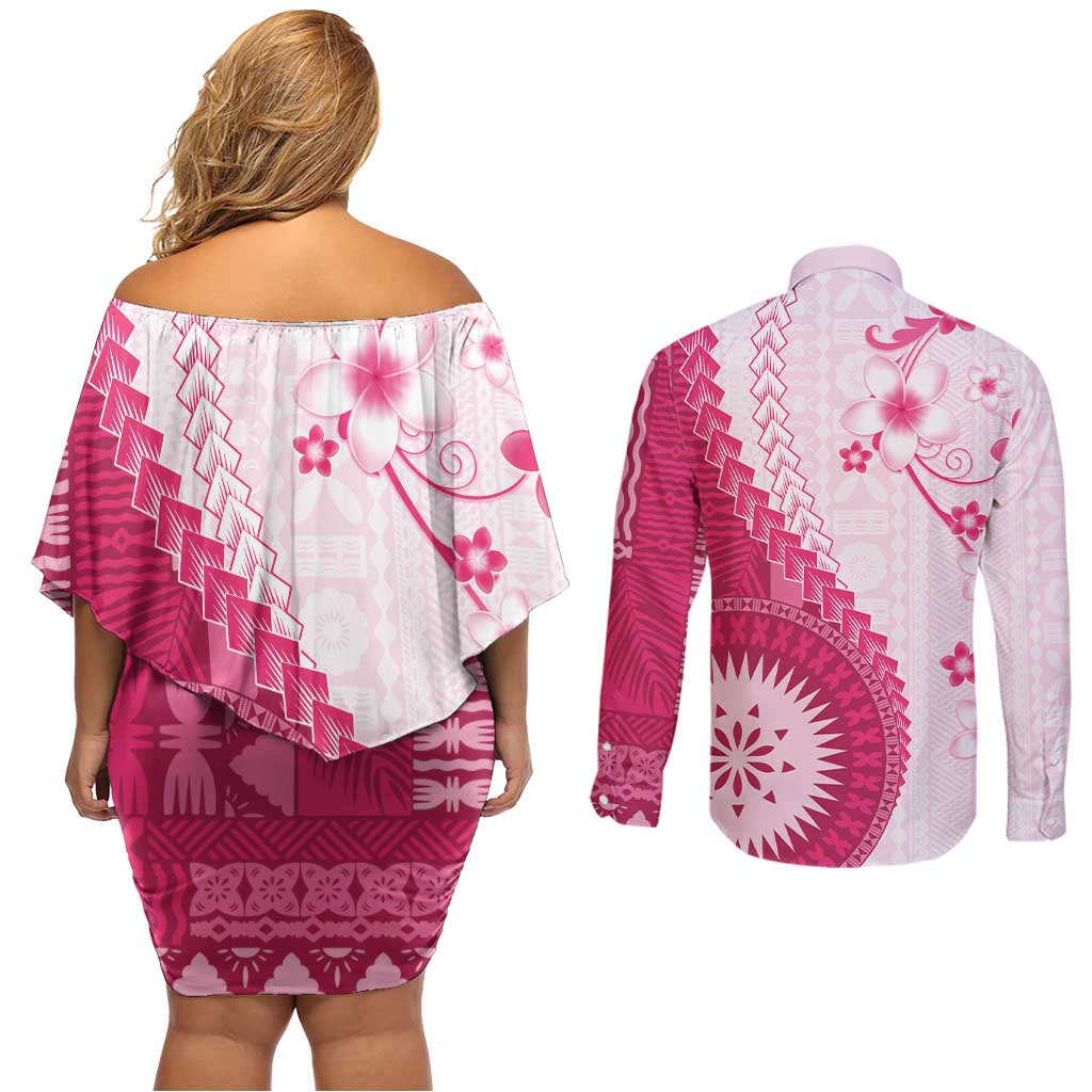 Bula Fiji Couples Matching Off Shoulder Short Dress and Long Sleeve Button Shirt Pink Plumeria Masi Tapa Pattern - Polynesian Pride