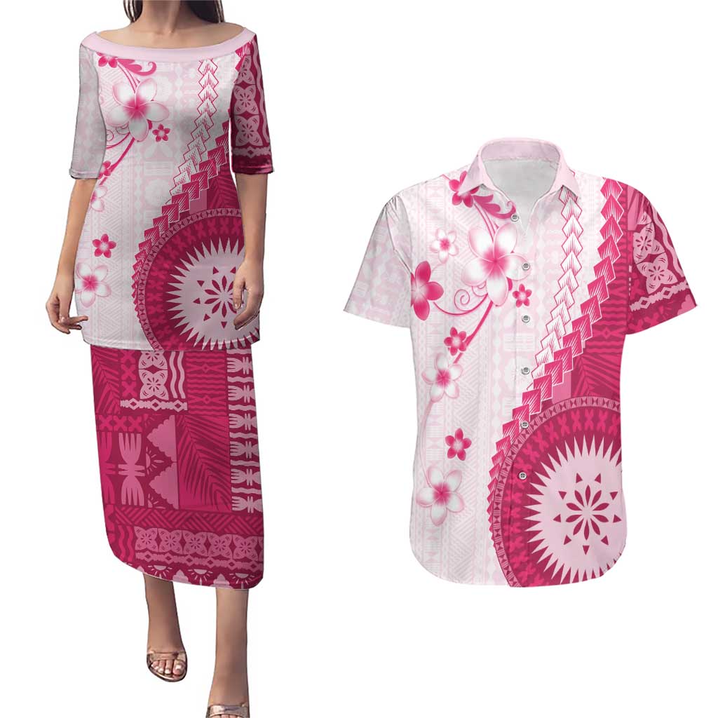 Bula Fiji Couples Matching Puletasi and Hawaiian Shirt Pink Plumeria Masi Tapa Pattern LT05 Pink - Polynesian Pride