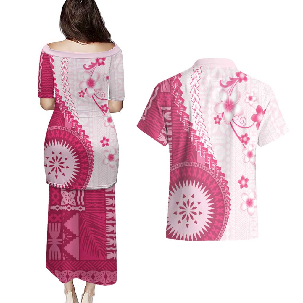 Bula Fiji Couples Matching Puletasi and Hawaiian Shirt Pink Plumeria Masi Tapa Pattern LT05 - Polynesian Pride