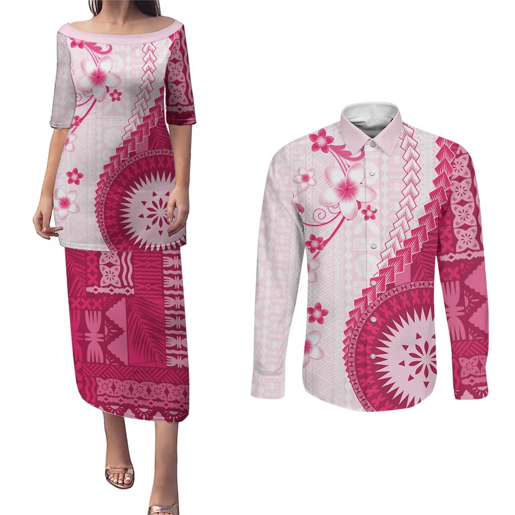 Bula Fiji Couples Matching Puletasi and Long Sleeve Button Shirt Pink Plumeria Masi Tapa Pattern LT05 Pink - Polynesian Pride