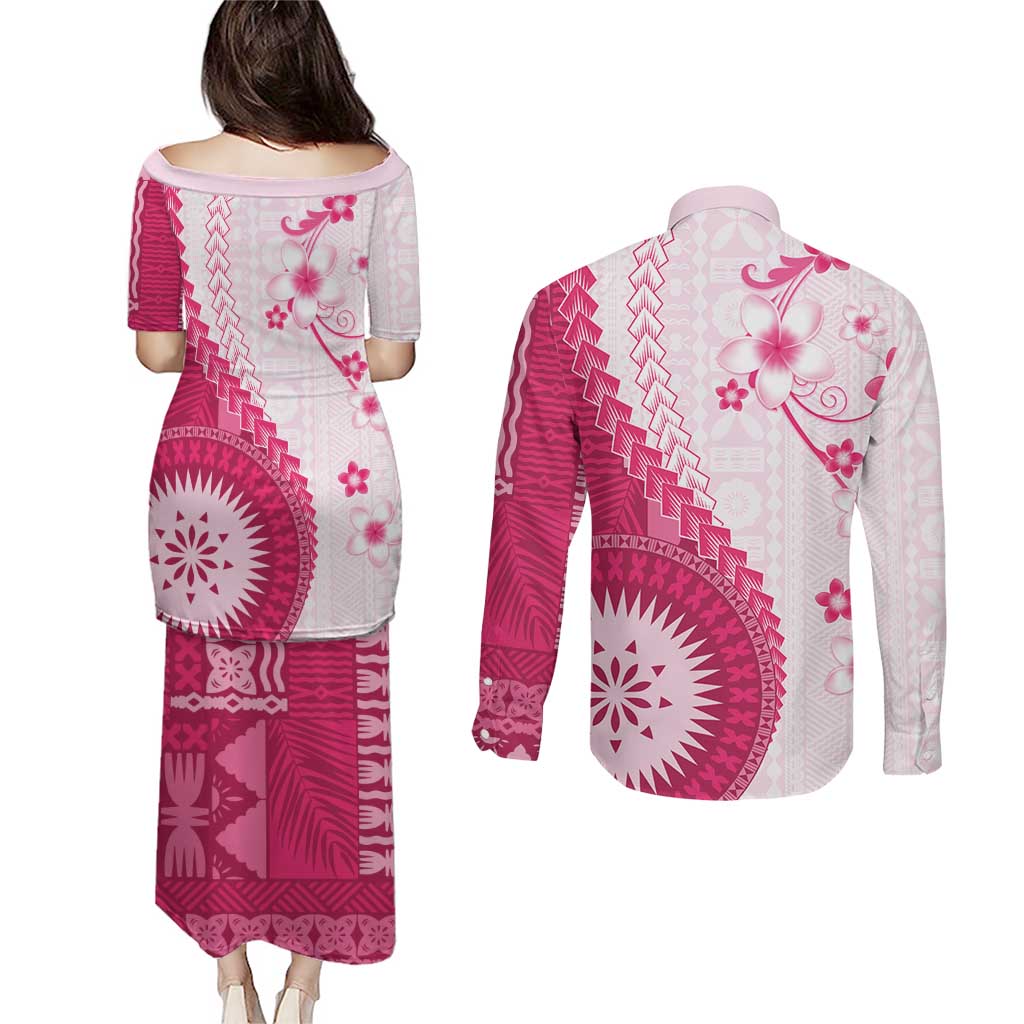 Bula Fiji Couples Matching Puletasi and Long Sleeve Button Shirt Pink Plumeria Masi Tapa Pattern LT05 - Polynesian Pride