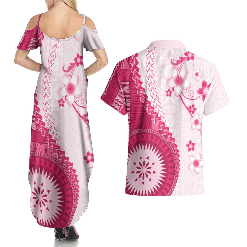 Bula Fiji Couples Matching Summer Maxi Dress and Hawaiian Shirt Pink Plumeria Masi Tapa Pattern - Polynesian Pride