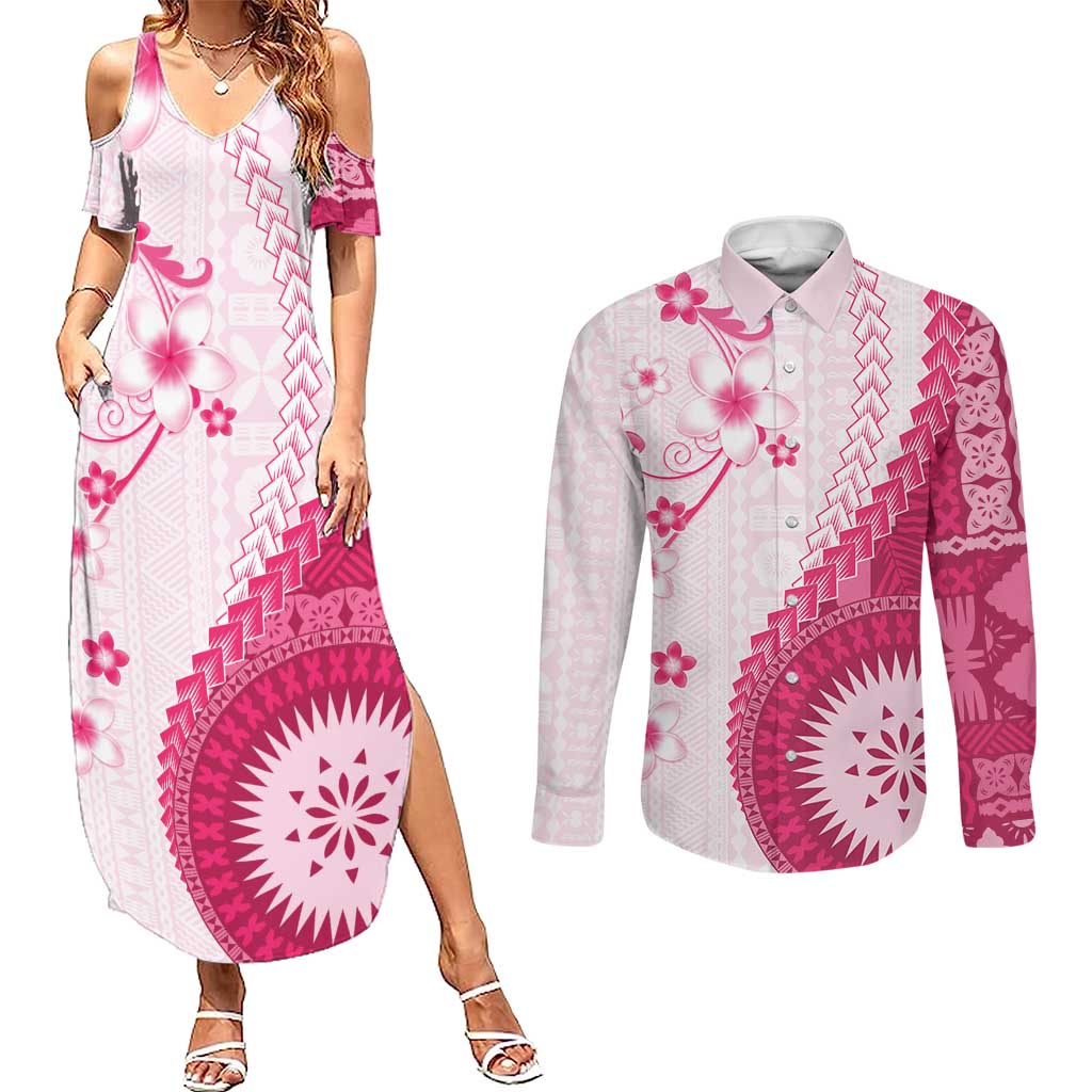 Bula Fiji Couples Matching Summer Maxi Dress and Long Sleeve Button Shirt Pink Plumeria Masi Tapa Pattern LT05 Pink - Polynesian Pride