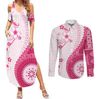Bula Fiji Couples Matching Summer Maxi Dress and Long Sleeve Button Shirt Pink Plumeria Masi Tapa Pattern - Polynesian Pride
