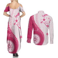 Bula Fiji Couples Matching Summer Maxi Dress and Long Sleeve Button Shirt Pink Plumeria Masi Tapa Pattern - Polynesian Pride