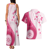 Bula Fiji Couples Matching Tank Maxi Dress and Hawaiian Shirt Pink Plumeria Masi Tapa Pattern - Polynesian Pride