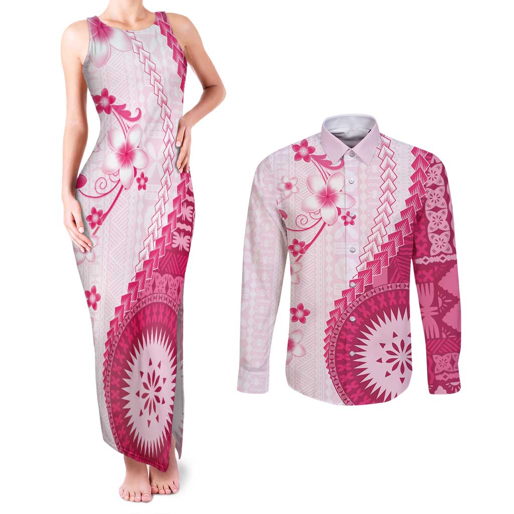 Bula Fiji Couples Matching Tank Maxi Dress and Long Sleeve Button Shirt Pink Plumeria Masi Tapa Pattern LT05 Pink - Polynesian Pride