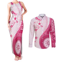 Bula Fiji Couples Matching Tank Maxi Dress and Long Sleeve Button Shirt Pink Plumeria Masi Tapa Pattern LT05 Pink - Polynesian Pride