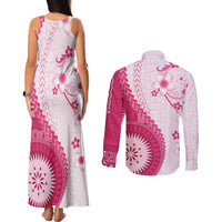 Bula Fiji Couples Matching Tank Maxi Dress and Long Sleeve Button Shirt Pink Plumeria Masi Tapa Pattern LT05 - Polynesian Pride