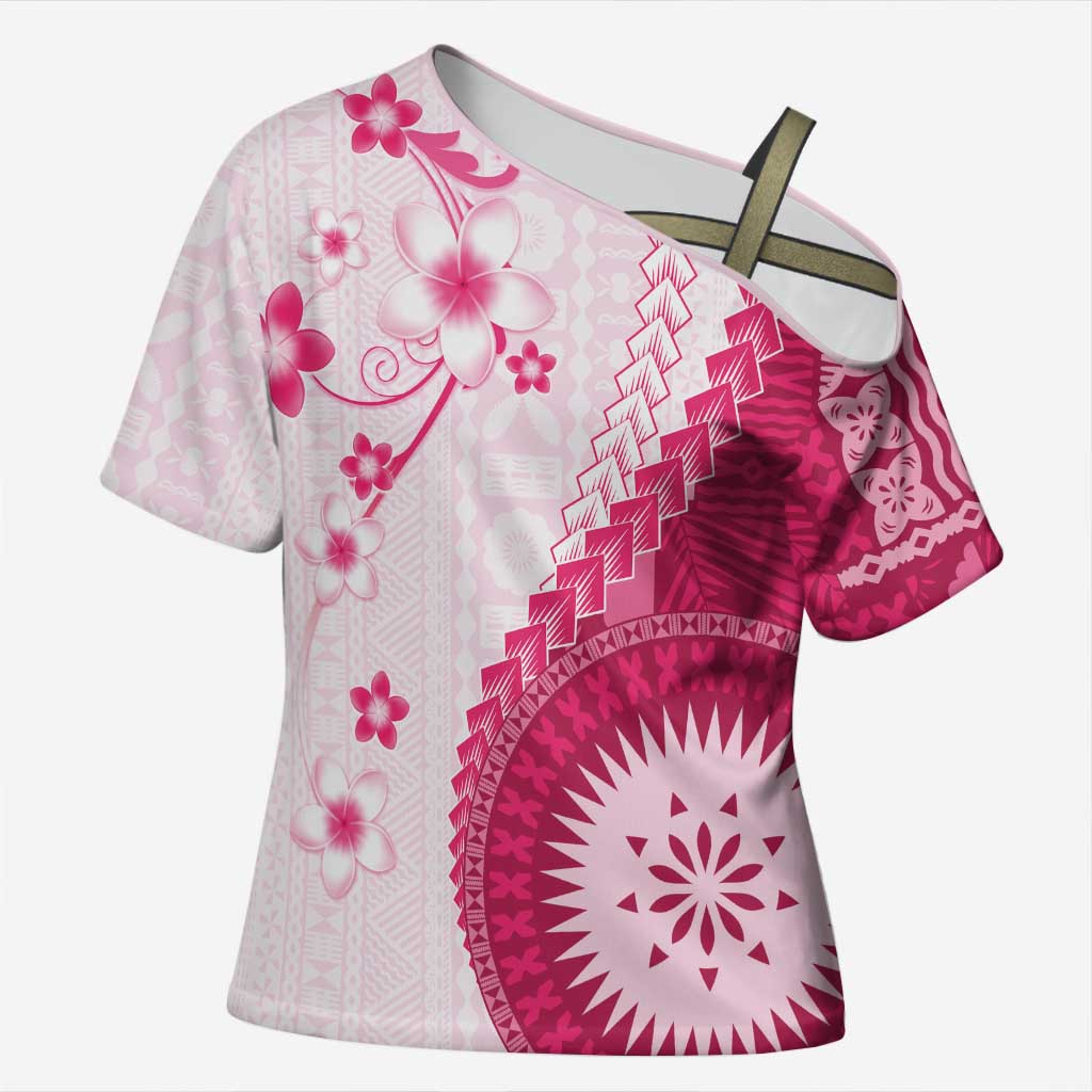 Bula Fiji Cross Shoulder Shirt Pink Plumeria Masi Tapa Pattern LT05 Female Pink - Polynesian Pride