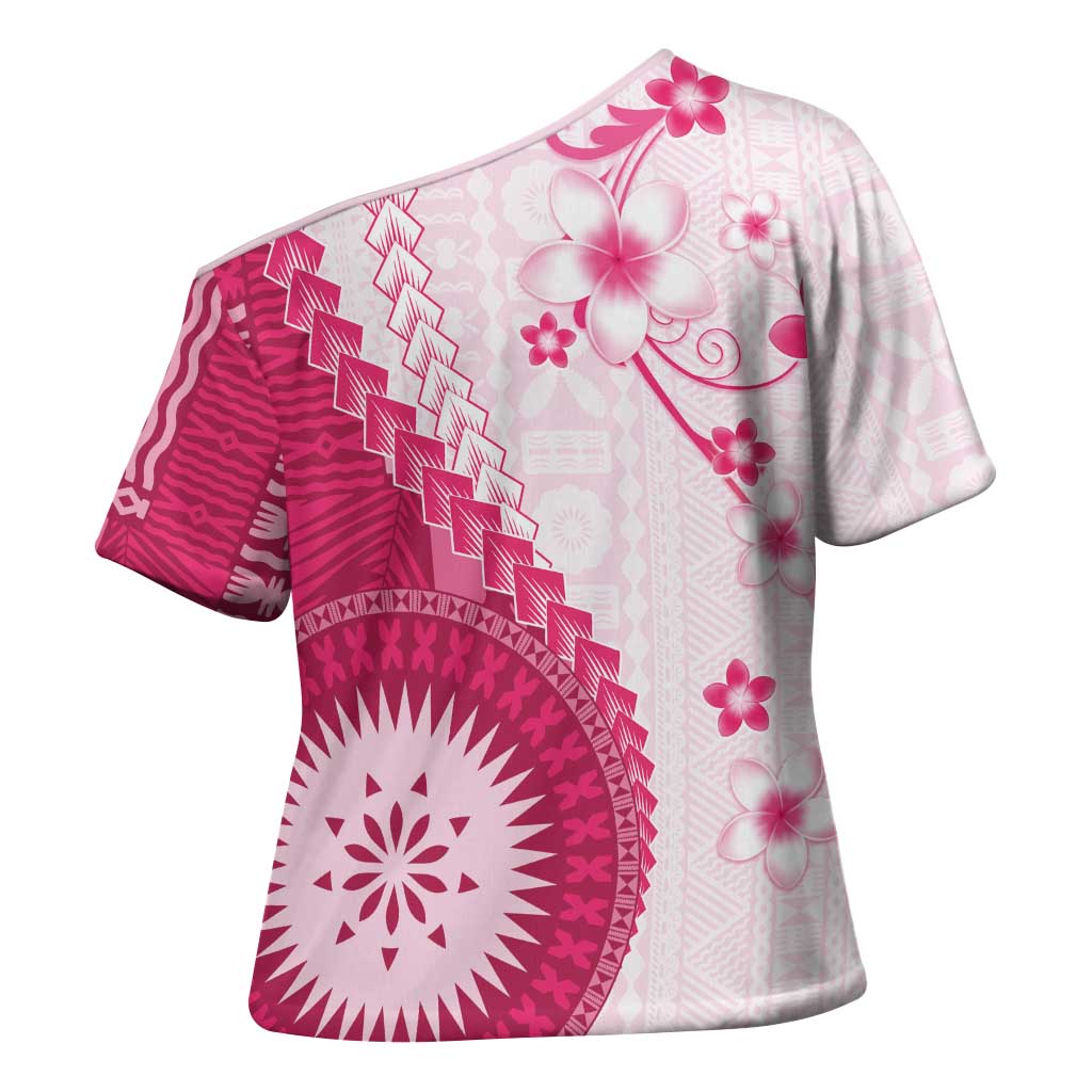 Bula Fiji Cross Shoulder Shirt Pink Plumeria Masi Tapa Pattern LT05 - Polynesian Pride