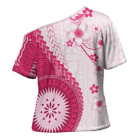 Bula Fiji Cross Shoulder Shirt Pink Plumeria Masi Tapa Pattern LT05 - Polynesian Pride