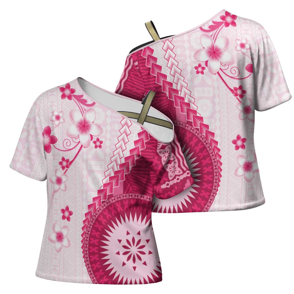 Bula Fiji Cross Shoulder Shirt Pink Plumeria Masi Tapa Pattern LT05 - Polynesian Pride