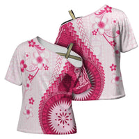 Bula Fiji Cross Shoulder Shirt Pink Plumeria Masi Tapa Pattern LT05 - Polynesian Pride