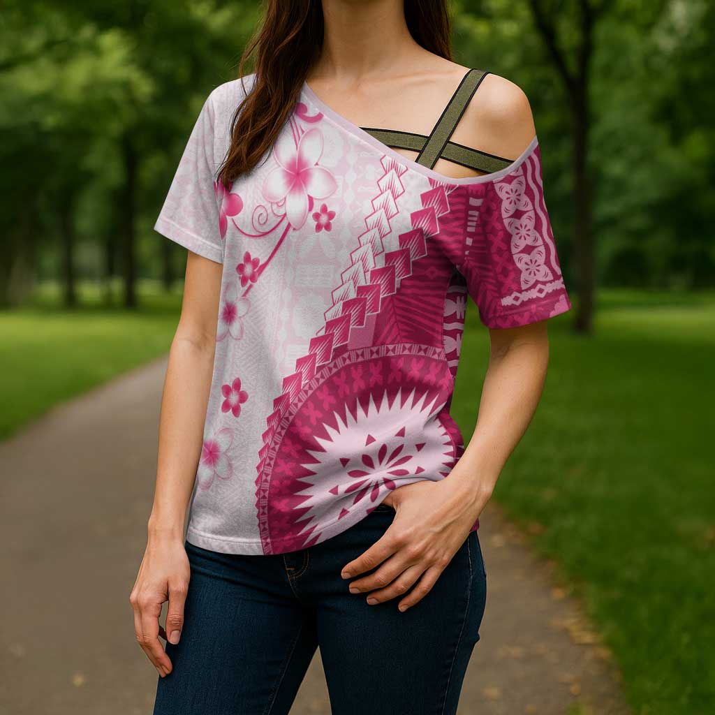 Bula Fiji Cross Shoulder Shirt Pink Plumeria Masi Tapa Pattern LT05 - Polynesian Pride