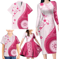 Bula Fiji Family Matching Long Sleeve Bodycon Dress and Hawaiian Shirt Pink Plumeria Masi Tapa Pattern - Polynesian Pride