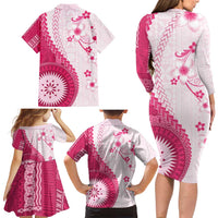 Bula Fiji Family Matching Long Sleeve Bodycon Dress and Hawaiian Shirt Pink Plumeria Masi Tapa Pattern - Polynesian Pride